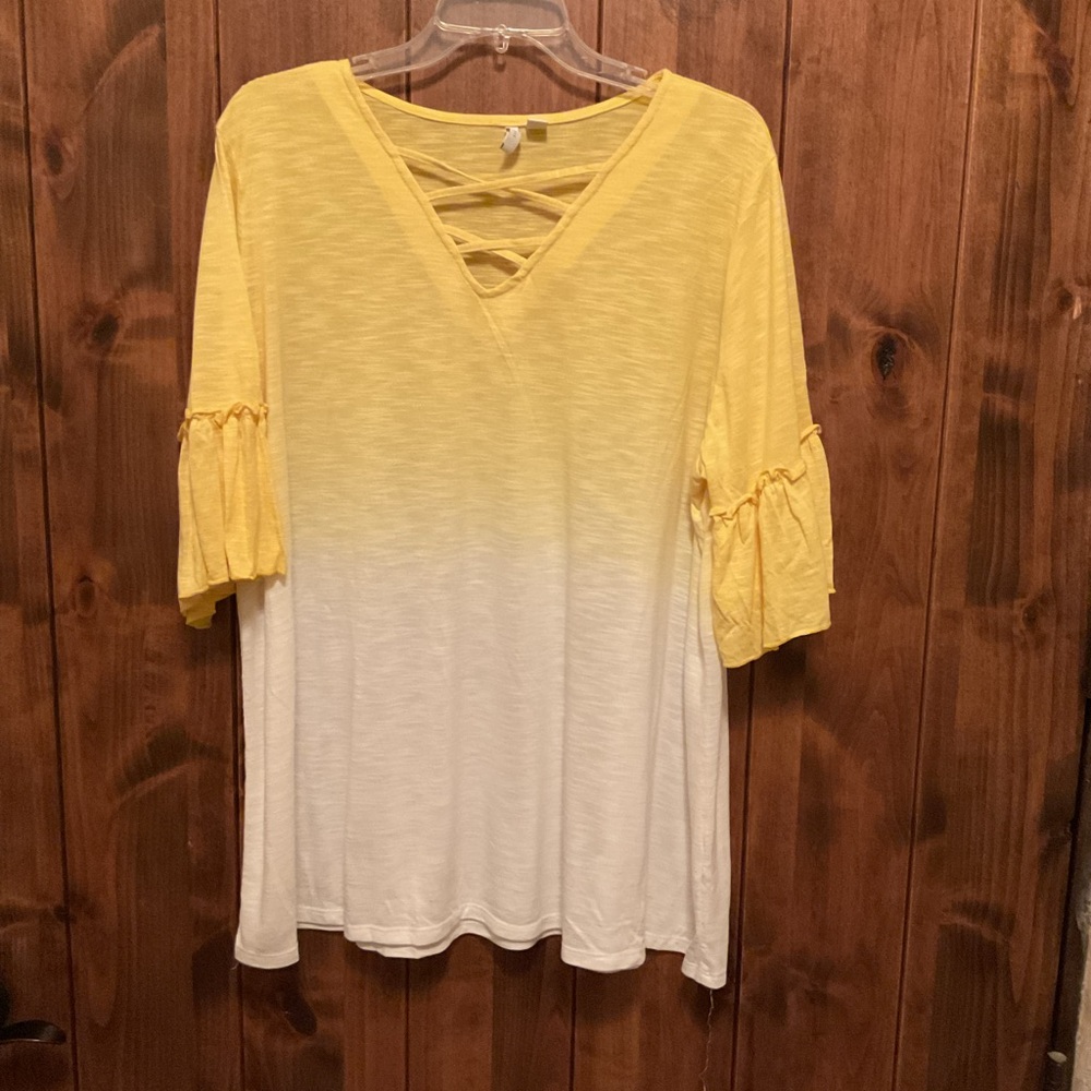Cato Yellow-to-White Ombre Crisscross V-Neck Tunic